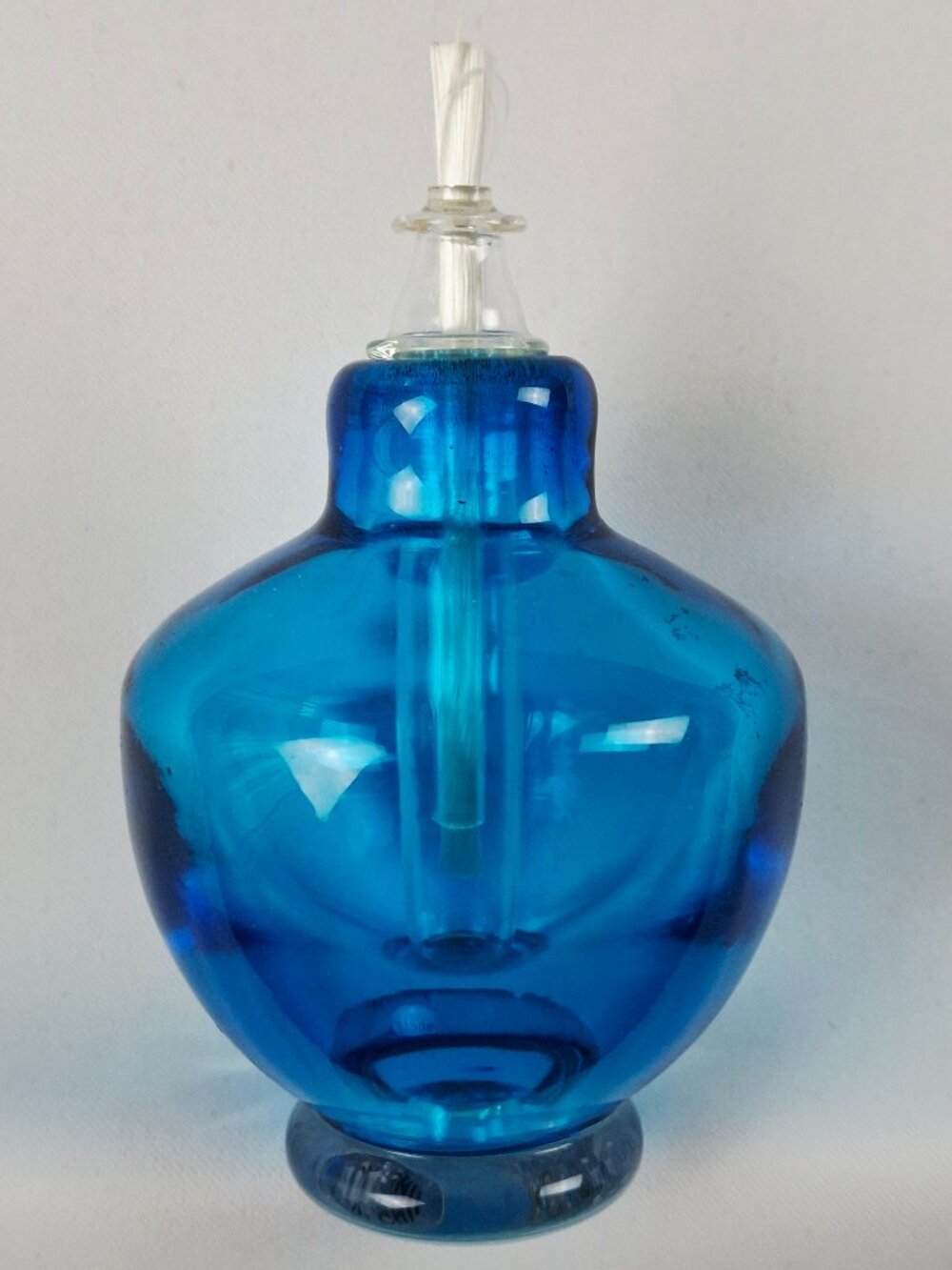 Vintage Blue Glass Oil Lamp Hand Blown Liquid Candle Tabletop Set Empty